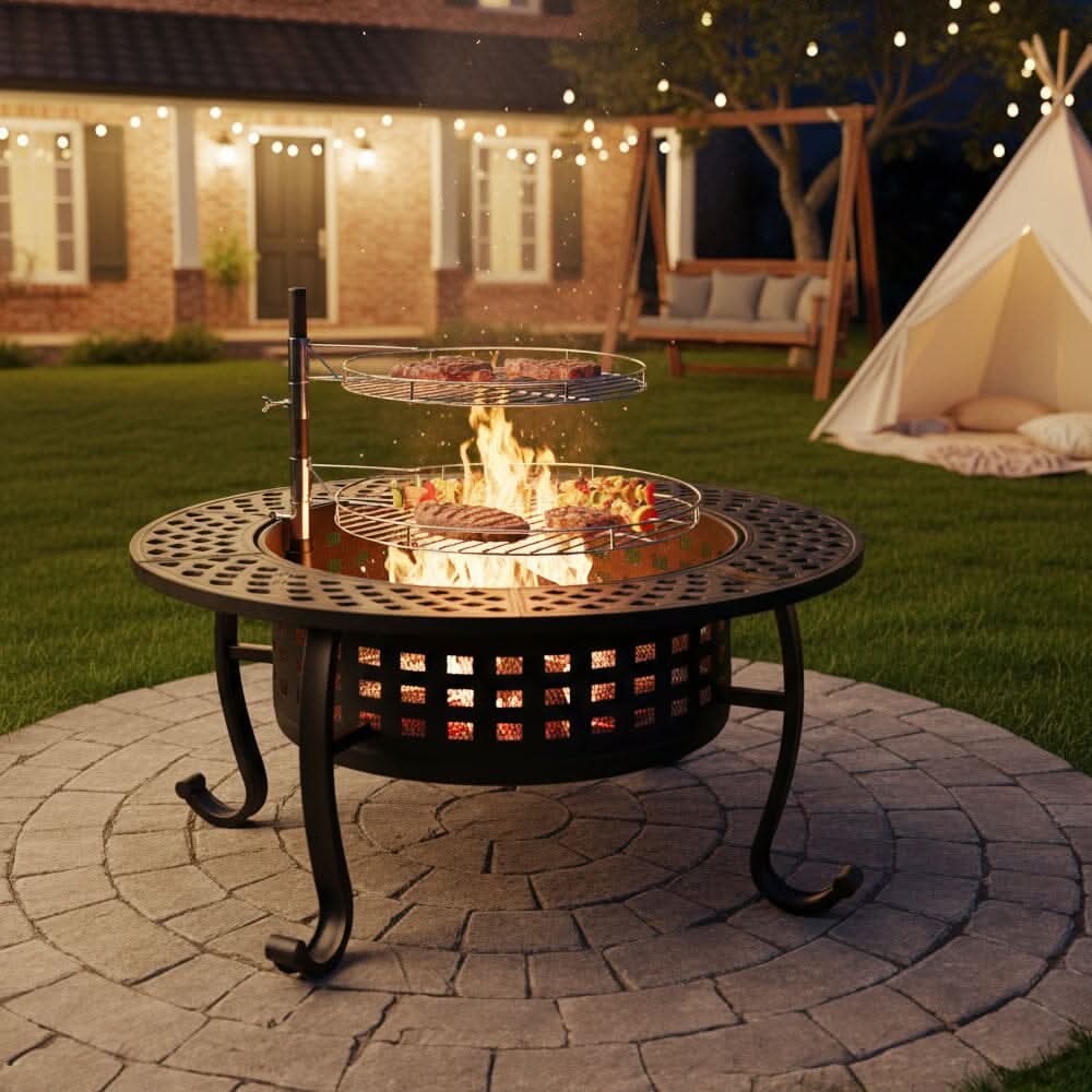 Large Round Fire Pit & BBQ Grill | 93cm Diameter Outdoor Fire Bowl for Garden & Camping