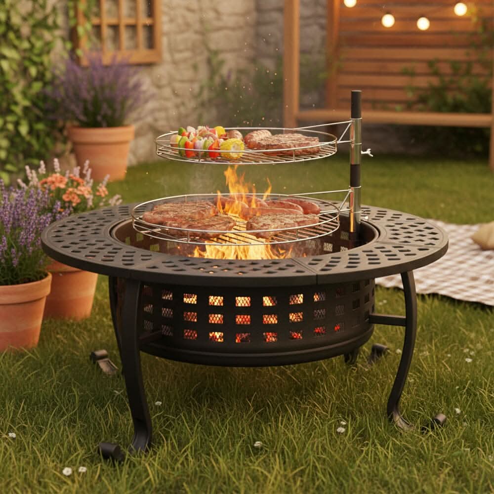 Large Round Fire Pit & BBQ Grill | 93cm Diameter Outdoor Fire Bowl for Garden & Camping