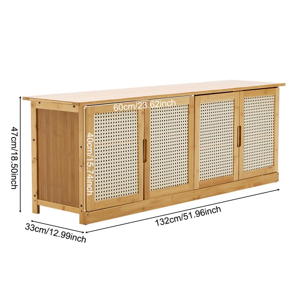 Natural Wood Rattan 4-Door Shoe Storage Bench Hallway Seating Organiser
