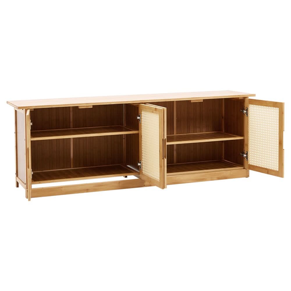 Natural Wood Rattan 4-Door Shoe Storage Bench Hallway Seating Organiser