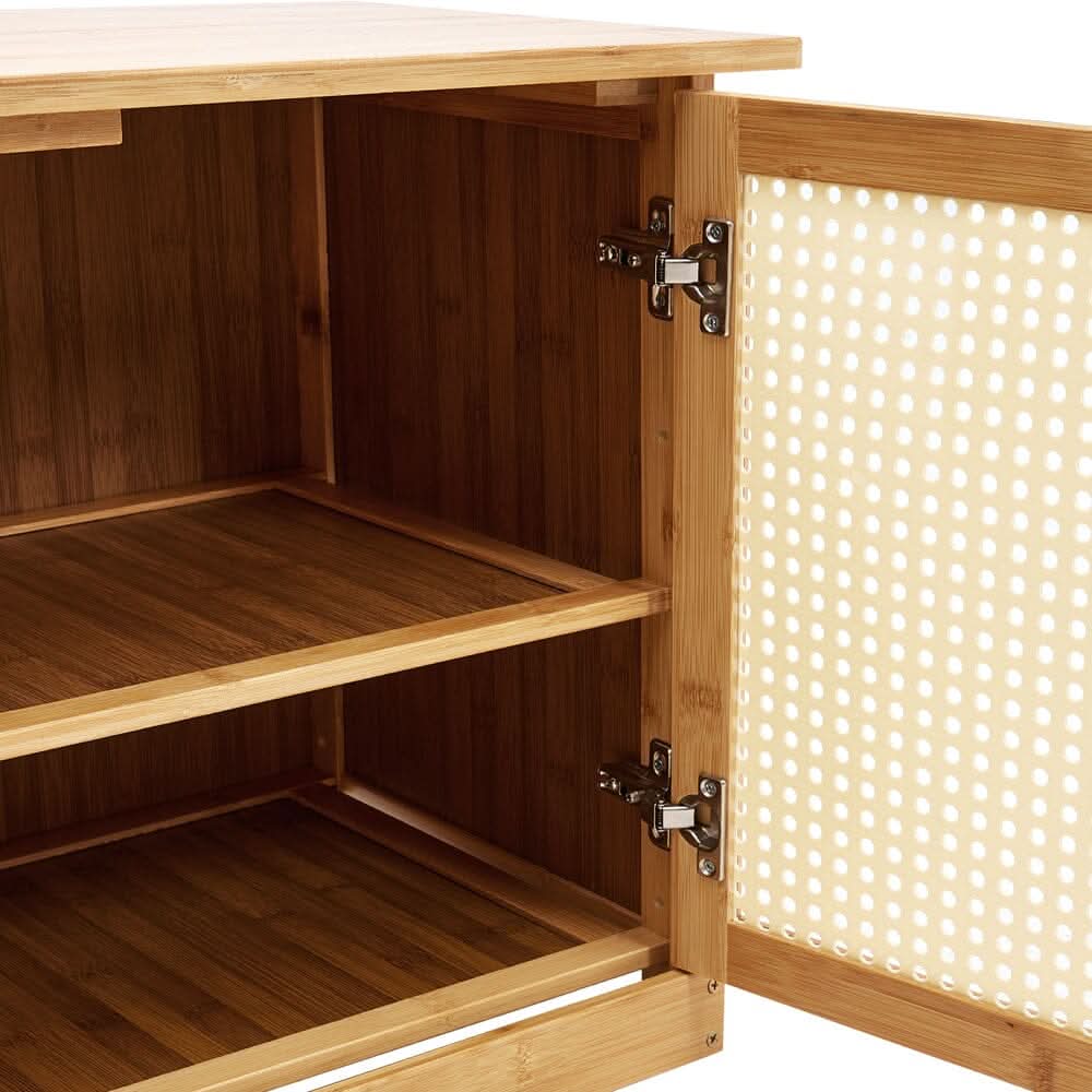 Natural Wood Rattan 4-Door Shoe Storage Bench Hallway Seating Organiser