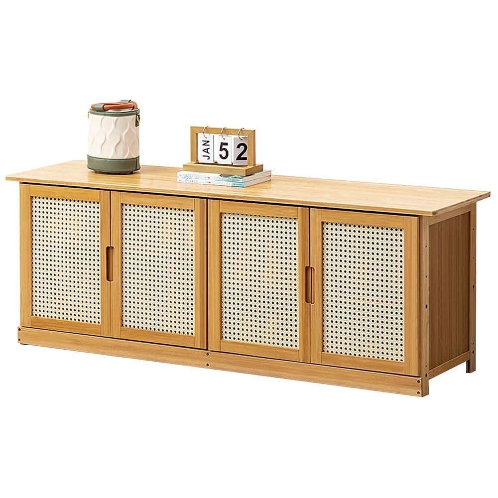 Natural Wood Rattan 4-Door Shoe Storage Bench Hallway Seating Organiser