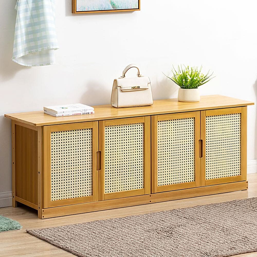 Natural Wood Rattan 4-Door Shoe Storage Bench Hallway Seating Organiser
