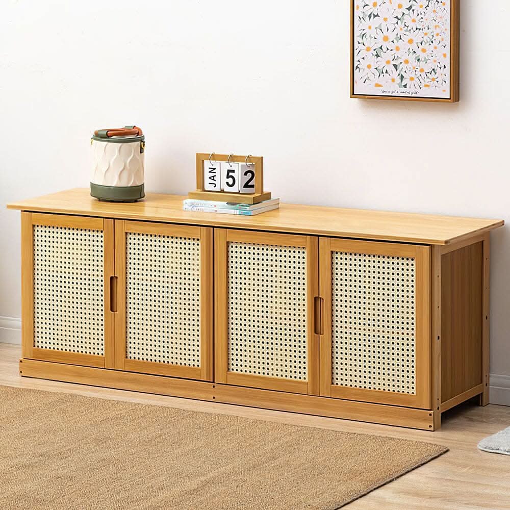 Natural Wood Rattan 4-Door Shoe Storage Bench Hallway Seating Organiser
