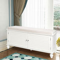 Painted Storage Bench Cabinet with Faux Louvered Doors and Cushioned Seat