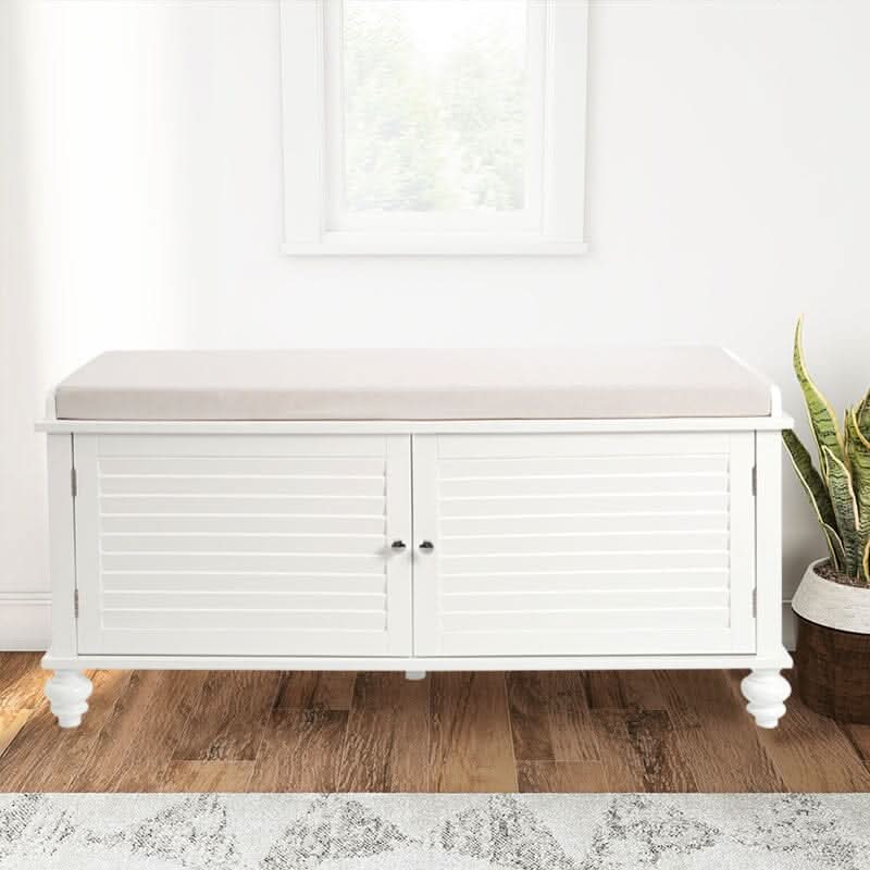 Painted Storage Bench Cabinet with Faux Louvered Doors and Cushioned Seat