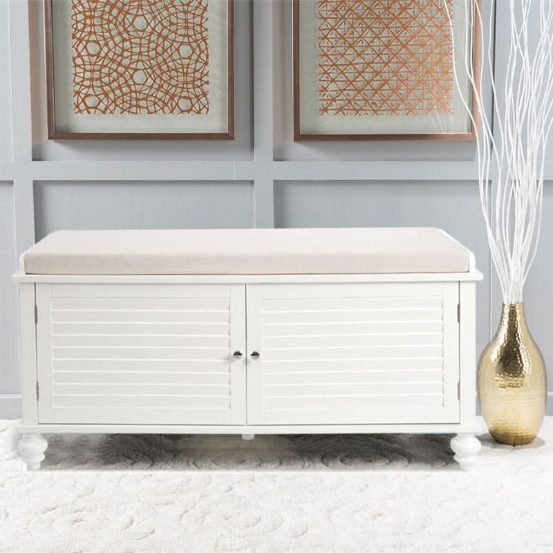 Painted Storage Bench Cabinet with Faux Louvered Doors and Cushioned Seat