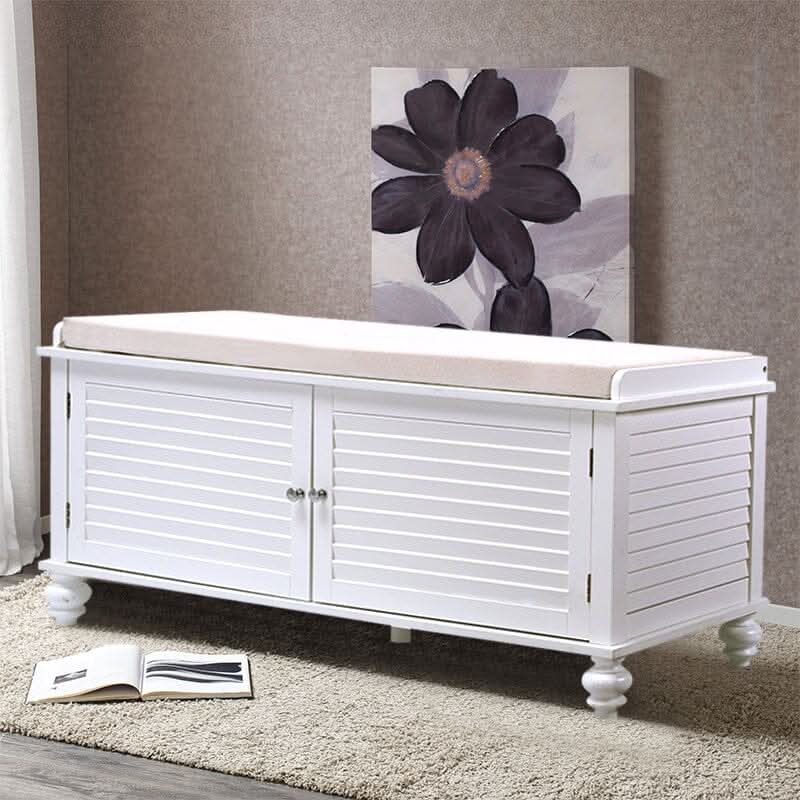 Painted Storage Bench Cabinet with Faux Louvered Doors and Cushioned Seat