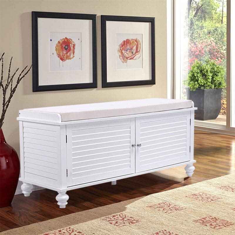Painted Storage Bench Cabinet with Faux Louvered Doors and Cushioned Seat