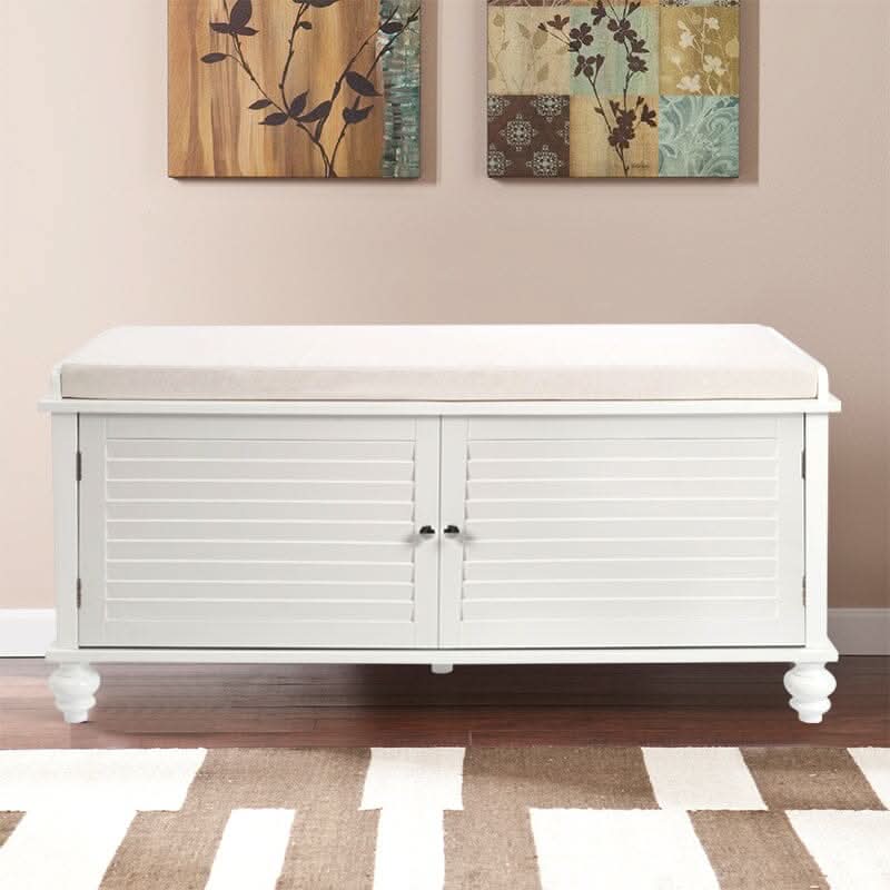Painted Storage Bench Cabinet with Faux Louvered Doors and Cushioned Seat