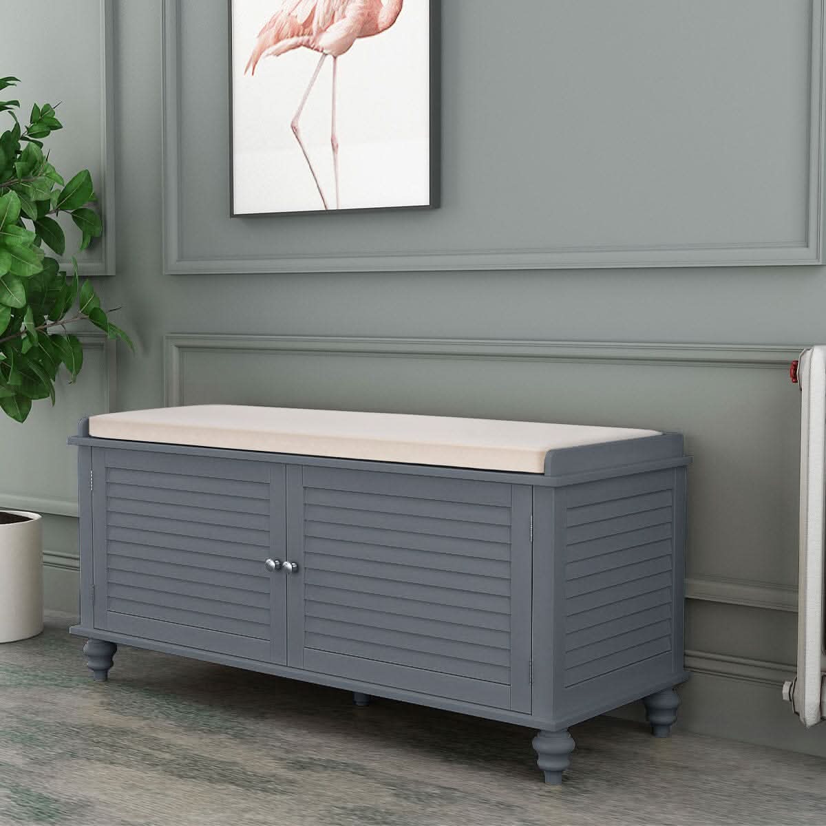 Painted Storage Bench Cabinet with Faux Louvered Doors and Cushioned Seat