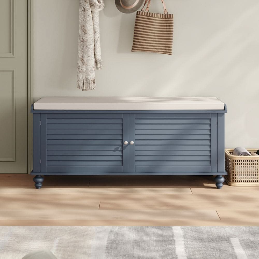 Painted Storage Bench Cabinet with Faux Louvered Doors and Cushioned Seat