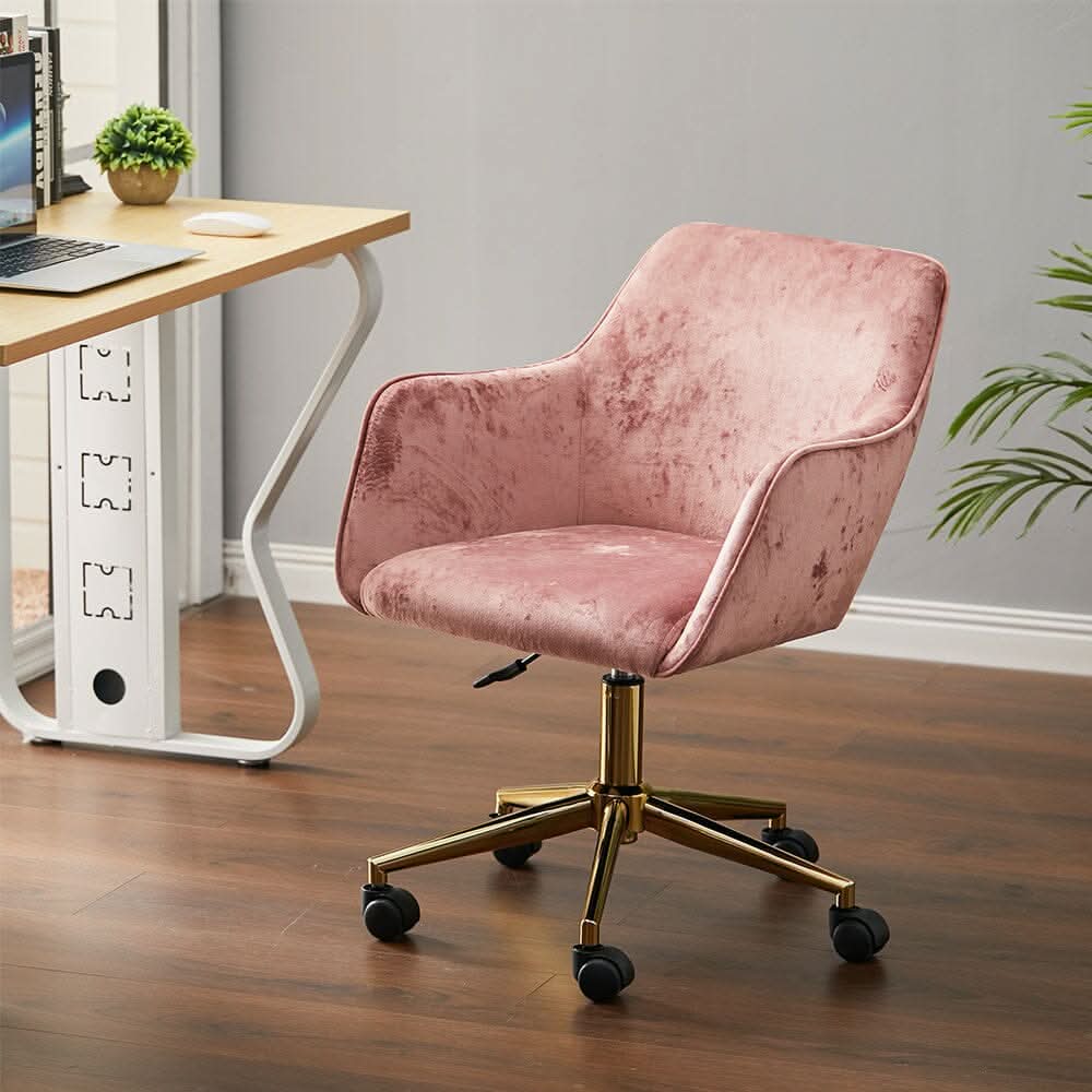 88cm Height Velvet Upholstered Home Office Swivel Task Chair with Flared Arms