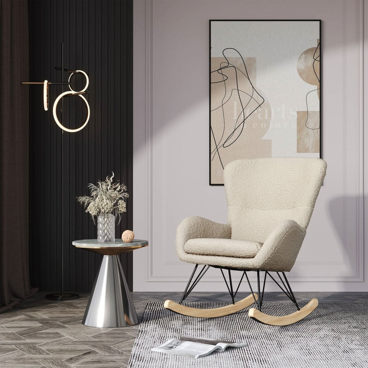 Modern Faux Wool Rocking Chair Upholstered Beige