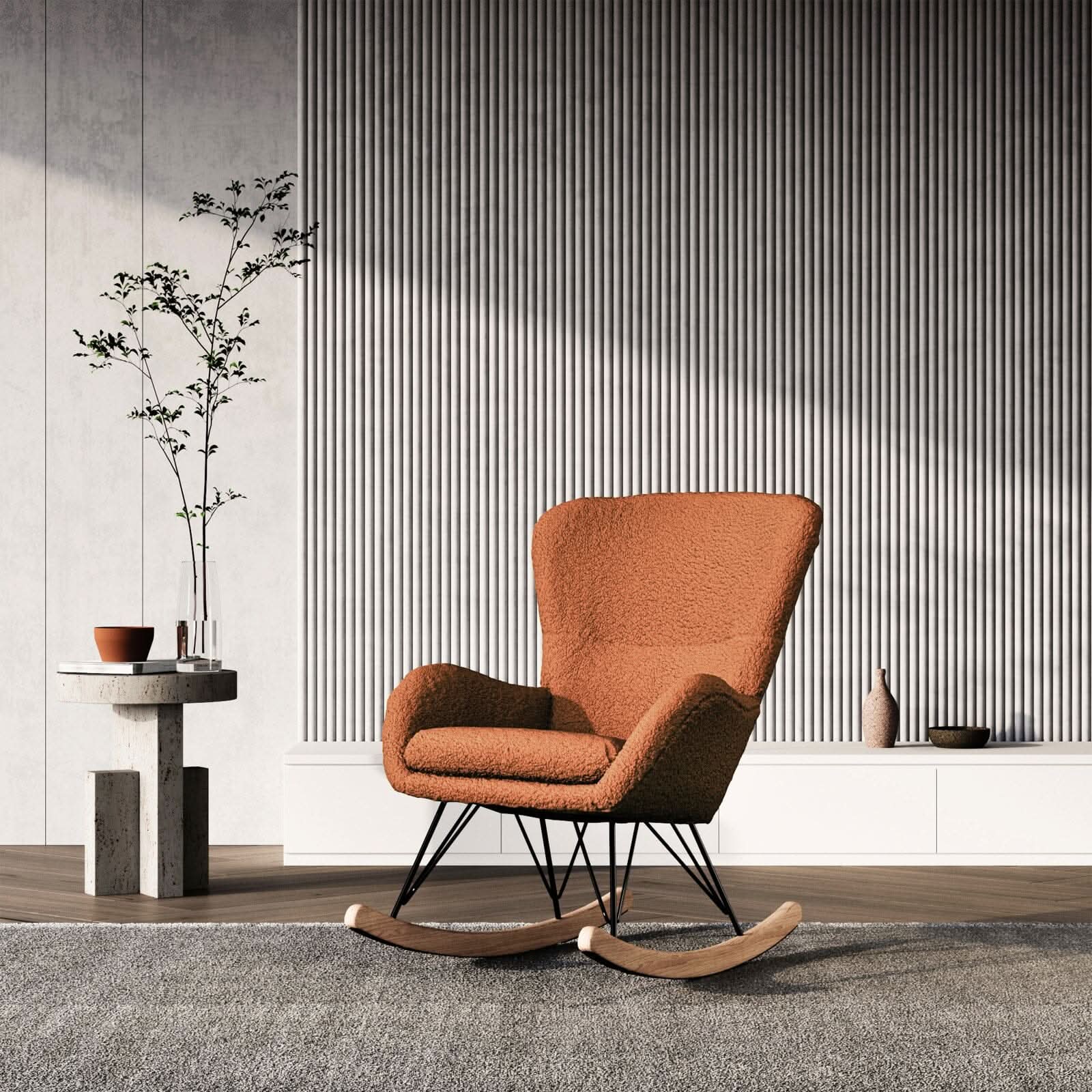 Modern Faux Wool Rocking Chair Upholstered Beige