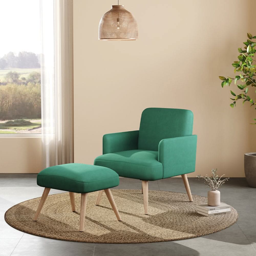 Wooden Legs Velvet Armchair Chair with Footrest