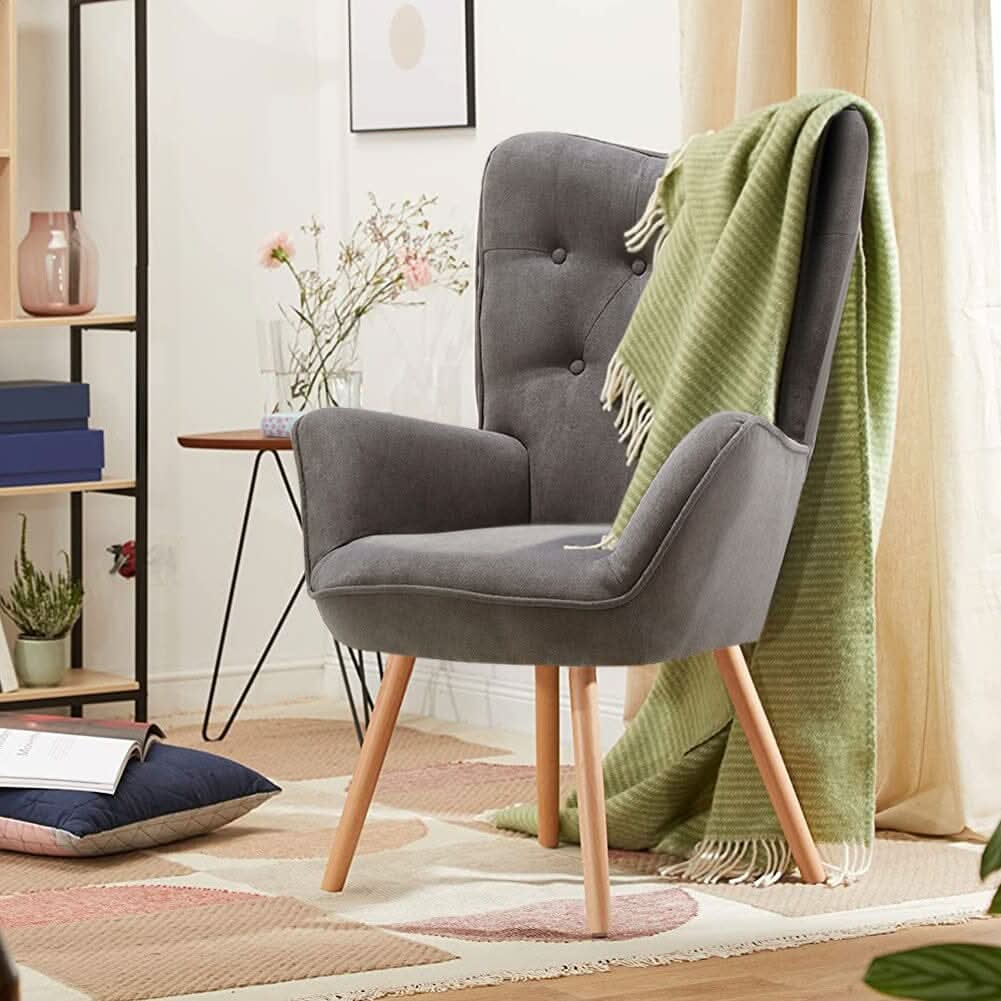 Linen Upholstered Accent Chair with Wood Legs