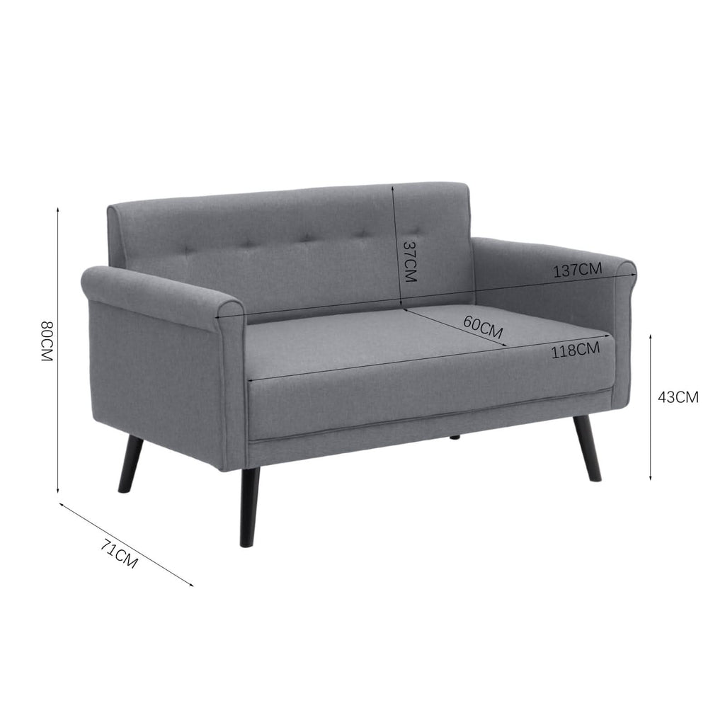 Modern Upholstered Fabric Sofa 2 Seater with 2 Pillows in Grey