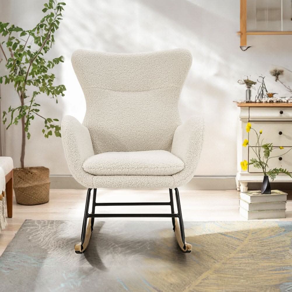 Modern Teddy Fabric Rocking Chair with Rubber Wood Base