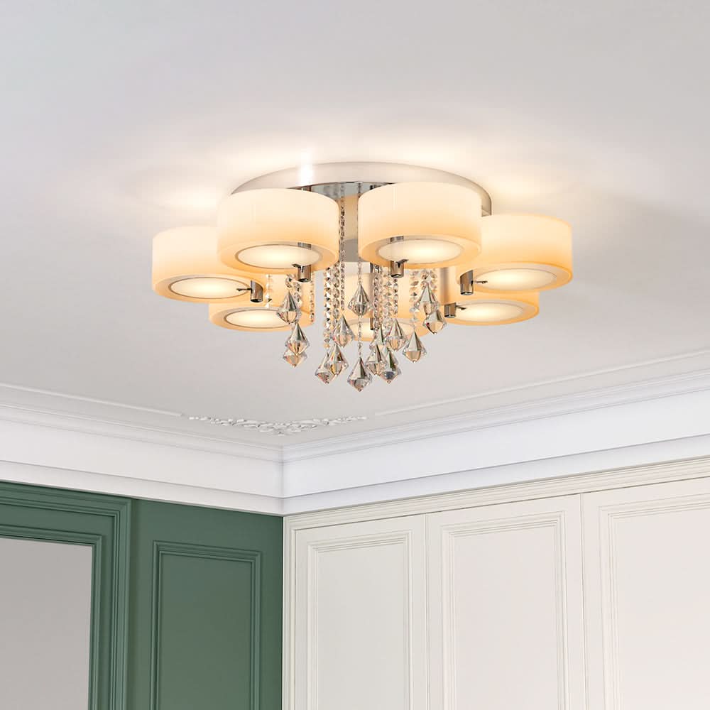 Ceiling Light Semi-Flush Mount, Cylindrical Acrylic Lampshades, Crystal Drops