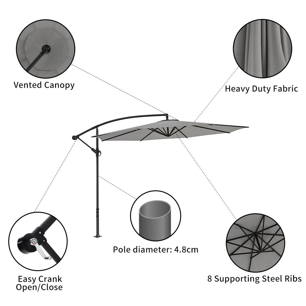 3M Sun Parasol Hanging Banana Umbrella Light Grey  Outdoor Sun Shade