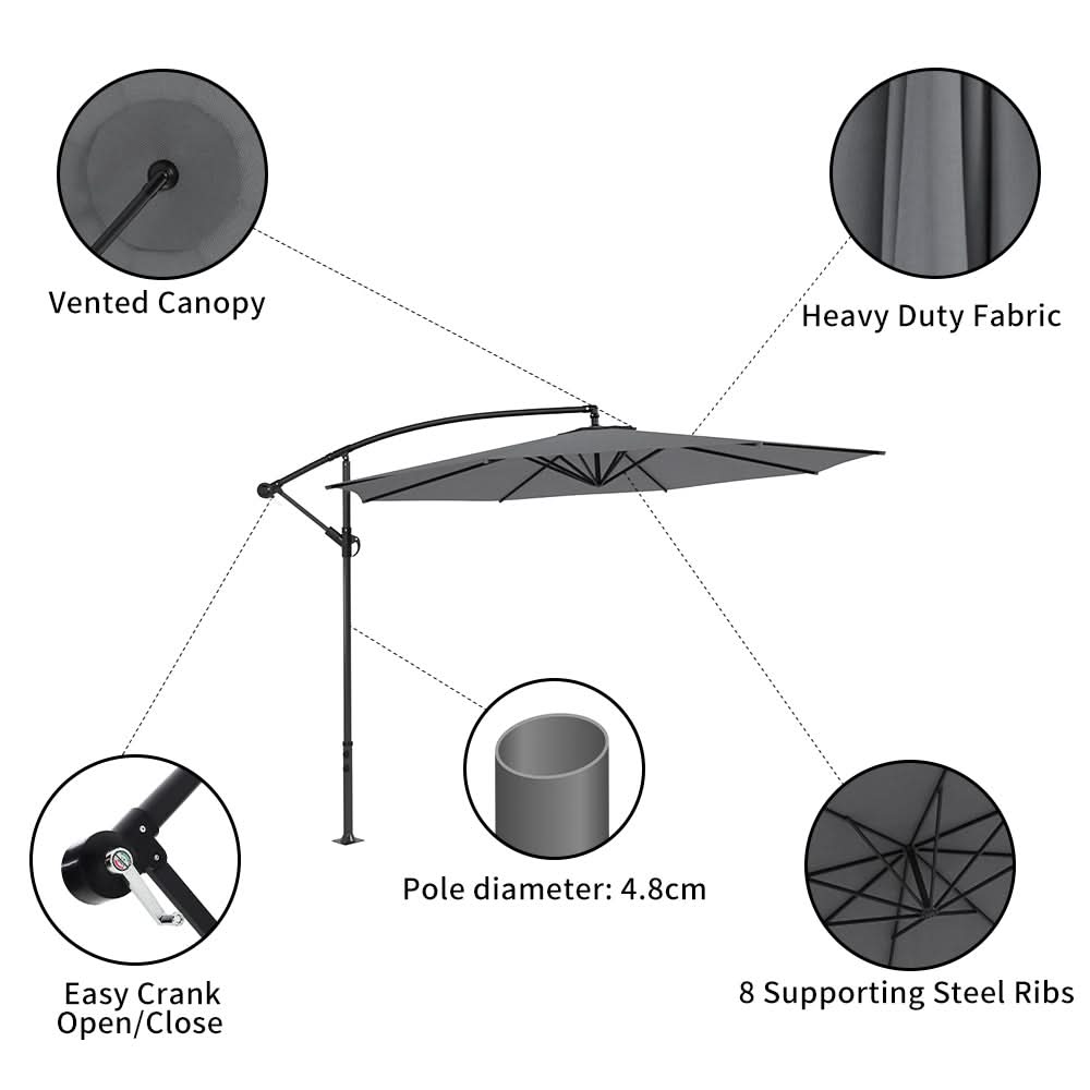 3M Sun Parasol Hanging Banana Umbrella Dark Grey