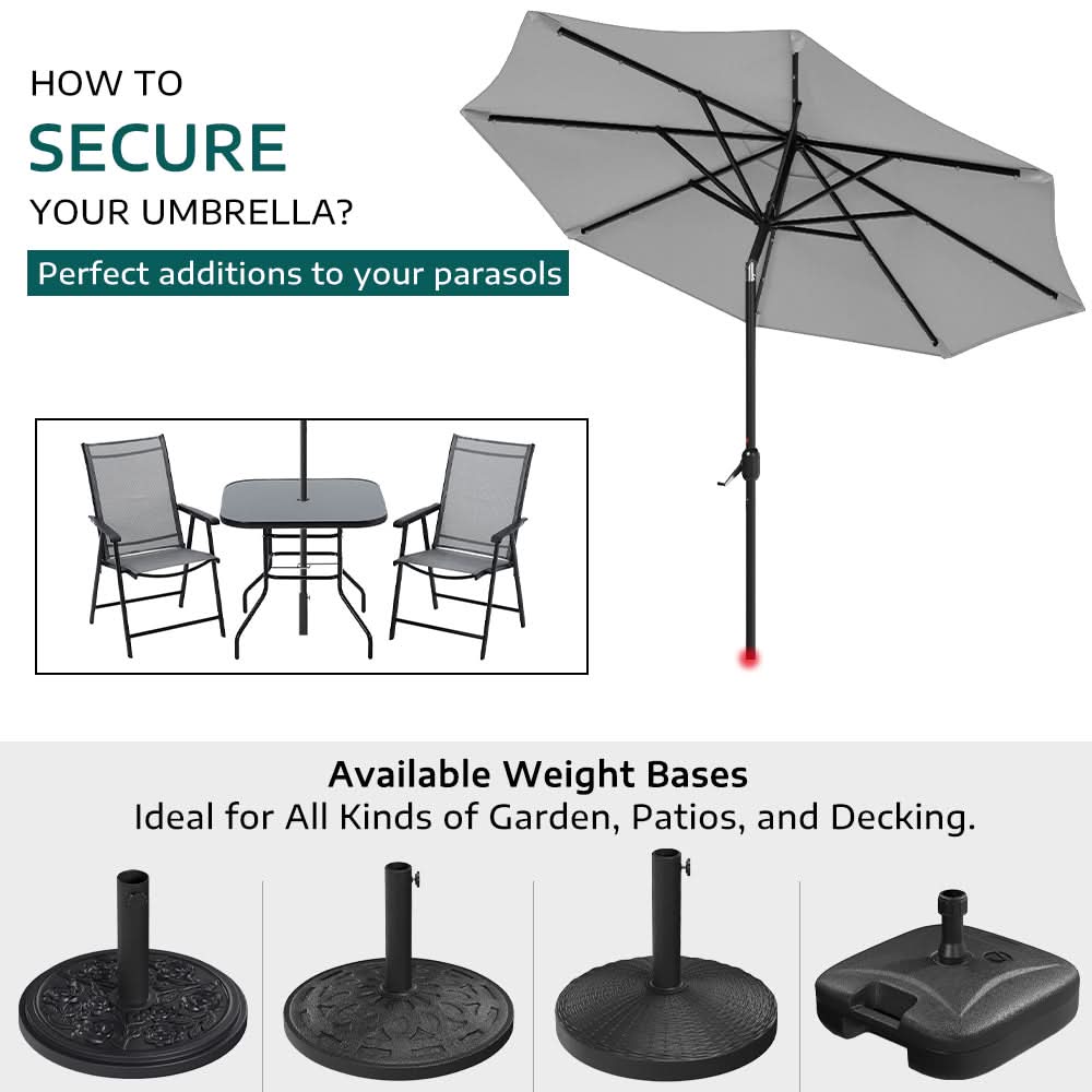 3M Garden Parasol Sun Umbrella Light Grey Iron With Solar LED Lights
