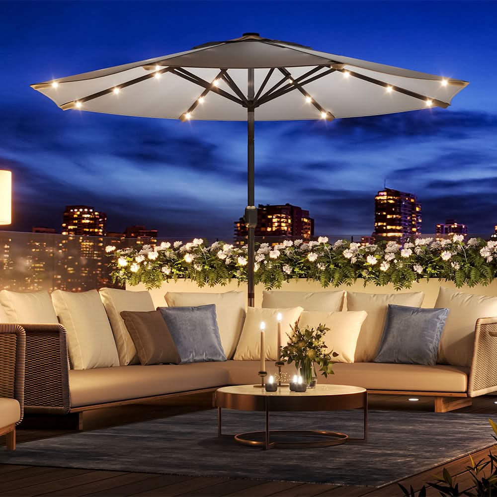 3M Garden Parasol Sun Umbrella Light Grey Iron With Solar LED Lights