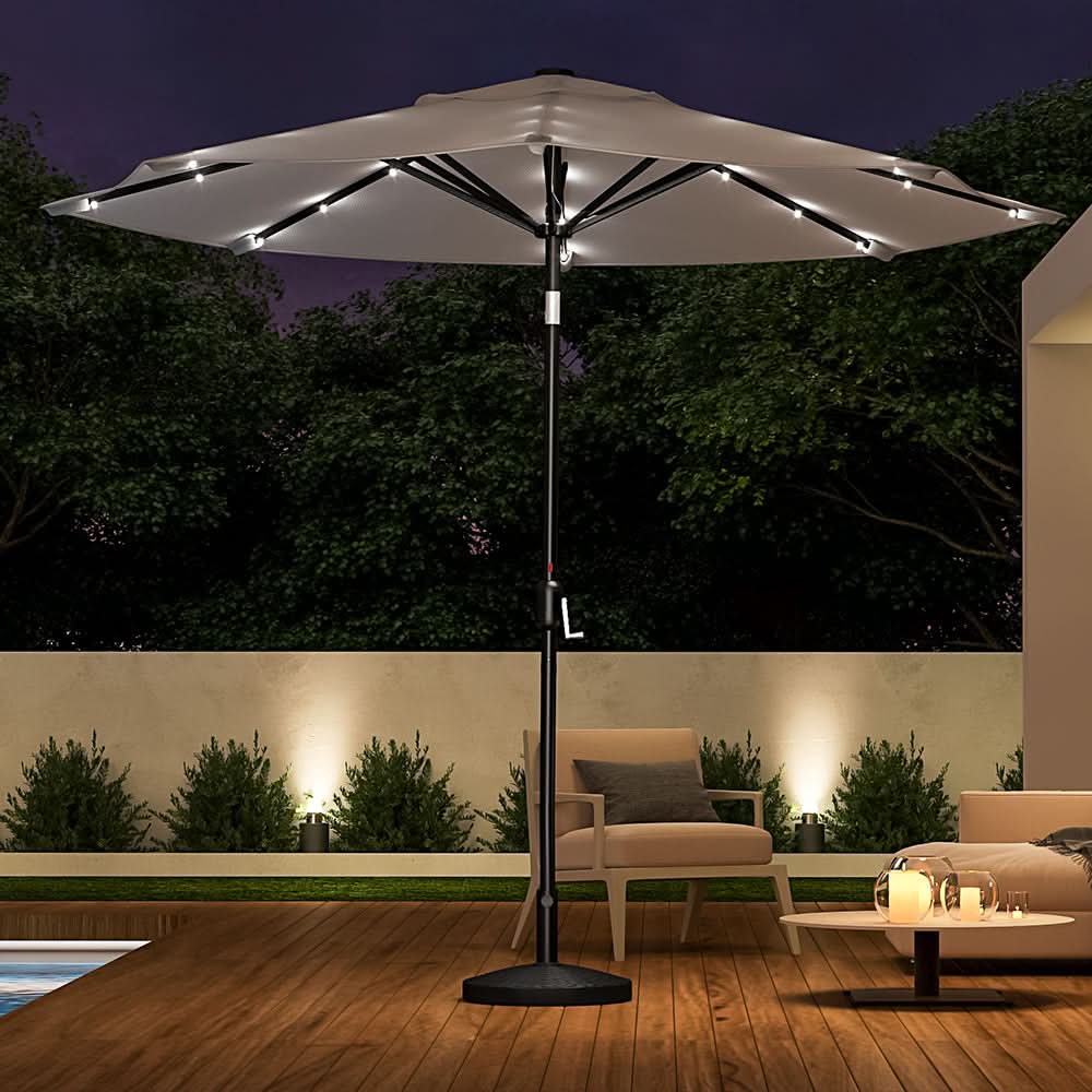 3M Garden Parasol Sun Umbrella Light Grey Iron With Solar LED Lights