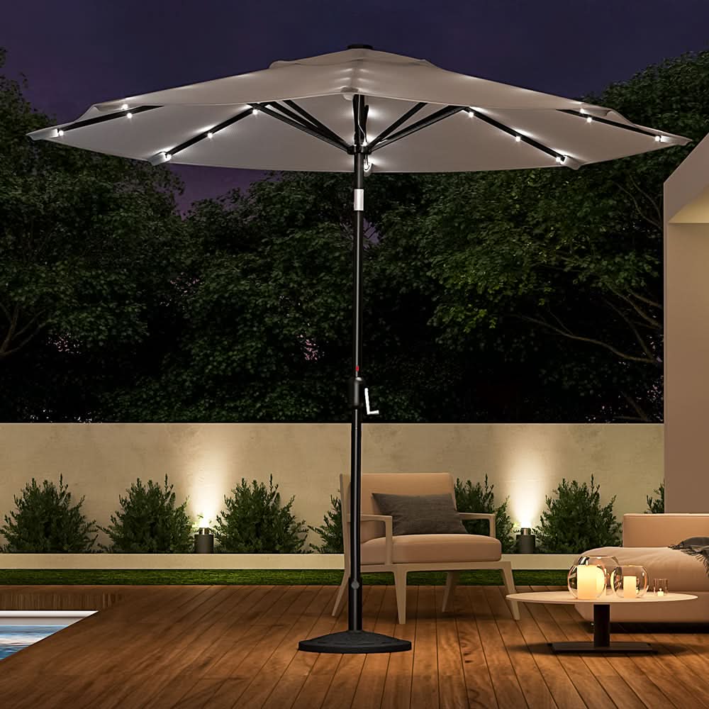 3M Garden Parasol Sun Umbrella Light Grey Iron With Solar LED Lights