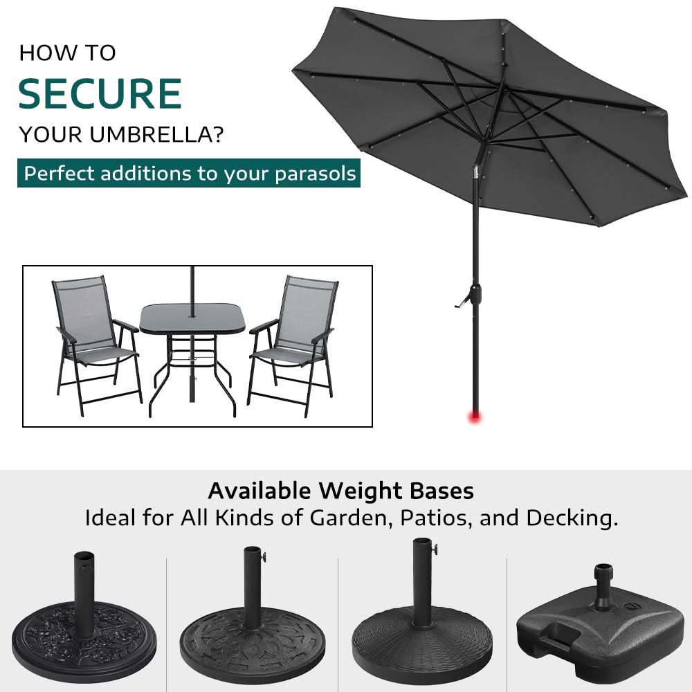 3M Garden Parasol Sun Umbrella Dark Grey Iron With Solar LED Lights