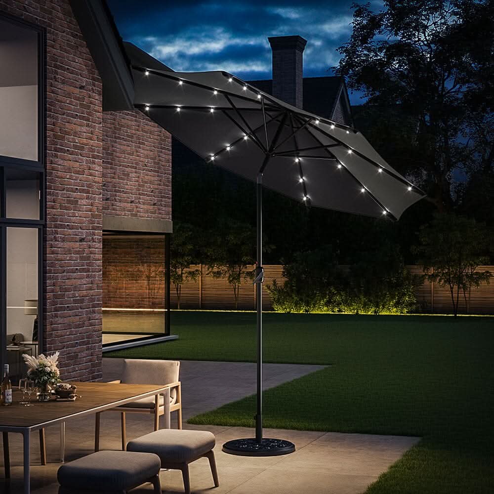 3M Garden Parasol Sun Umbrella Dark Grey Iron With Solar LED Lights
