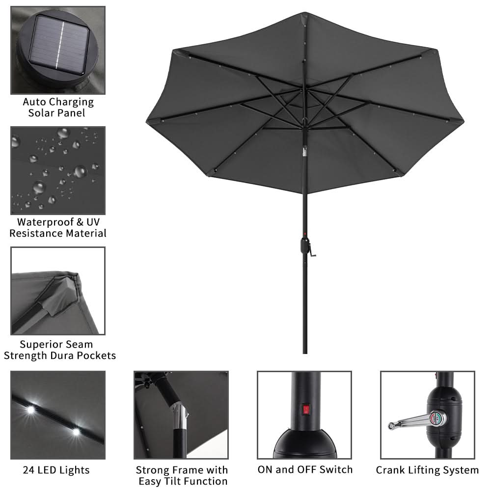 3M Garden Parasol Sun Umbrella Dark Grey Iron With Solar LED Lights