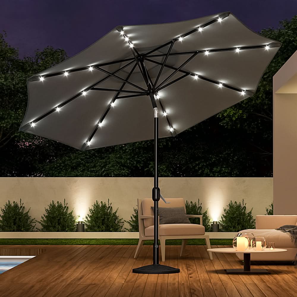 3M Garden Parasol Sun Umbrella Dark Grey Iron With Solar LED Lights