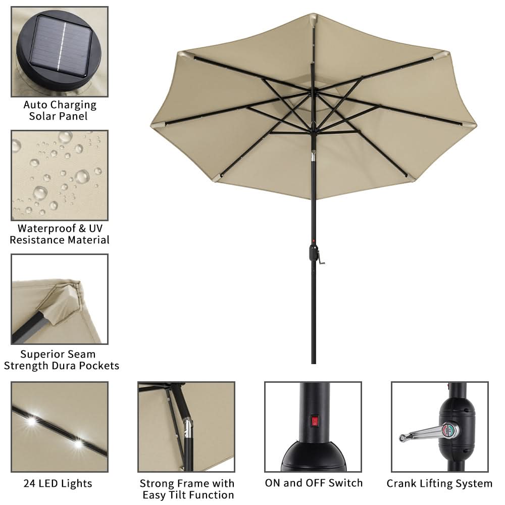 3M Garden Parasol Beige Patio Sun Umbrella Sunshade Canopy With Solar LED Lights