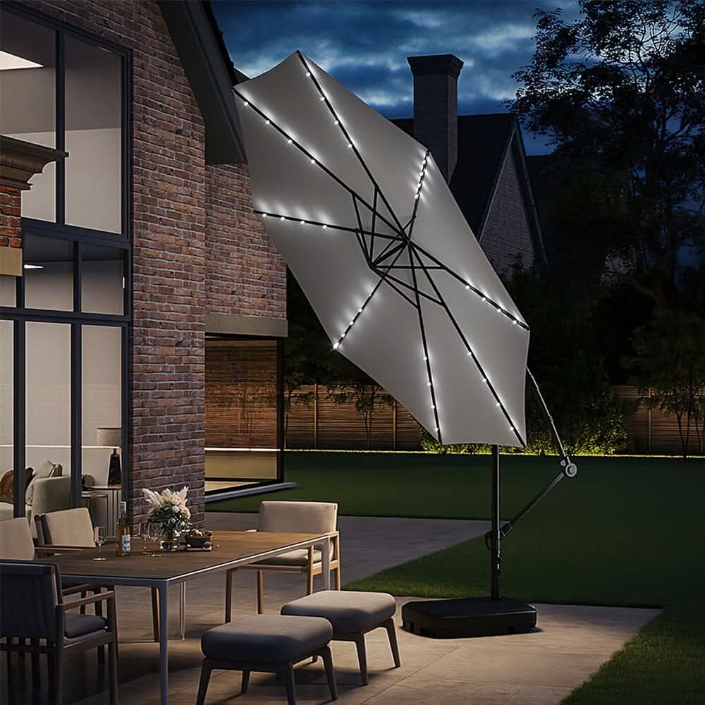 3M Cantilever Garden Parasols Light Grey Iron Banana Umbrella with LED Lights