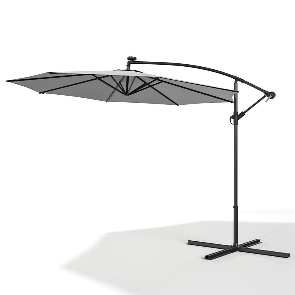 3M Cantilever Garden Parasols Light Grey Iron Banana Umbrella with LED Lights