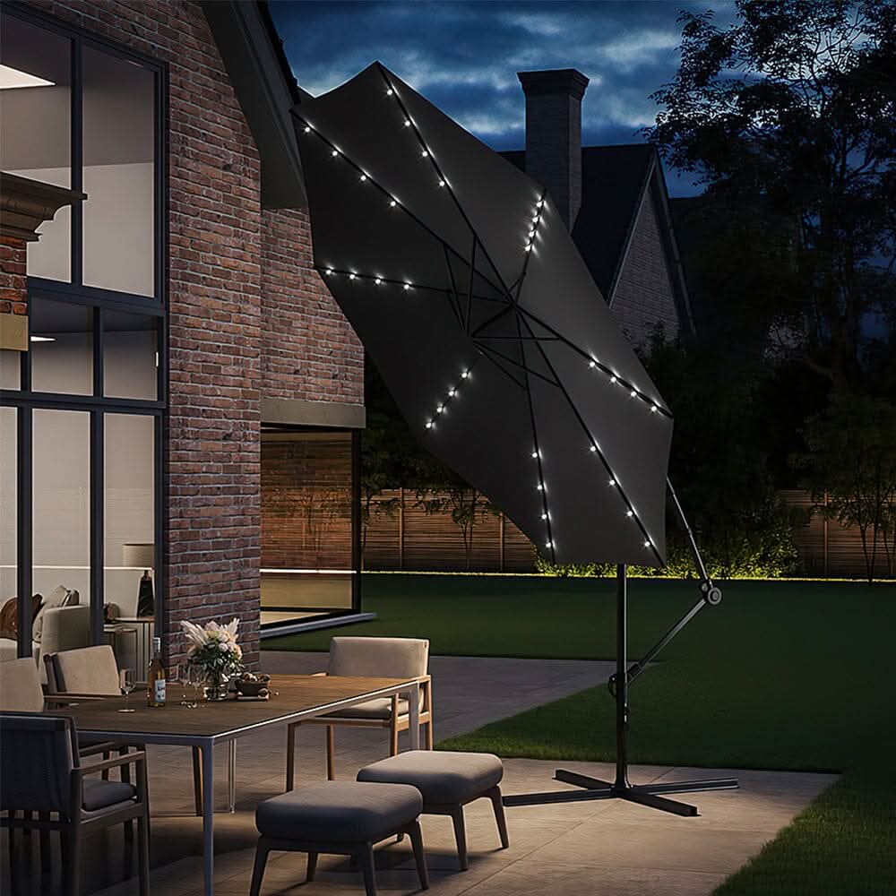 3M Cantilever Garden Parasols Dark Grey Iron Banana Umbrella with LED Lights