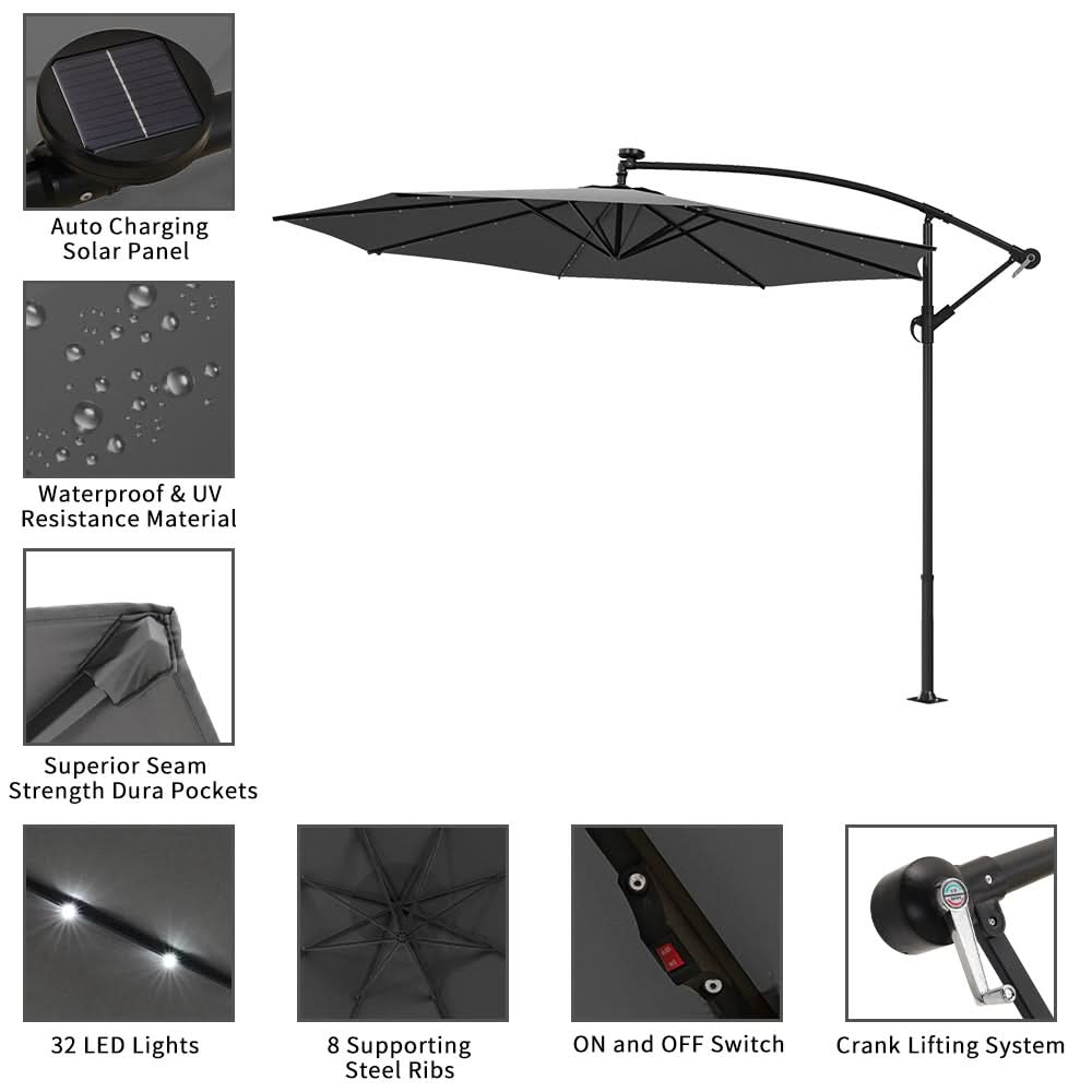 3M Cantilever Garden Parasols Dark Grey Iron Banana Umbrella with LED Lights