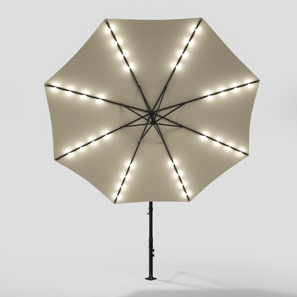 3M Cantilever Garden Parasols Beige/Light Grey/Dark Grey Iron Banana Umbrella with LED Lights