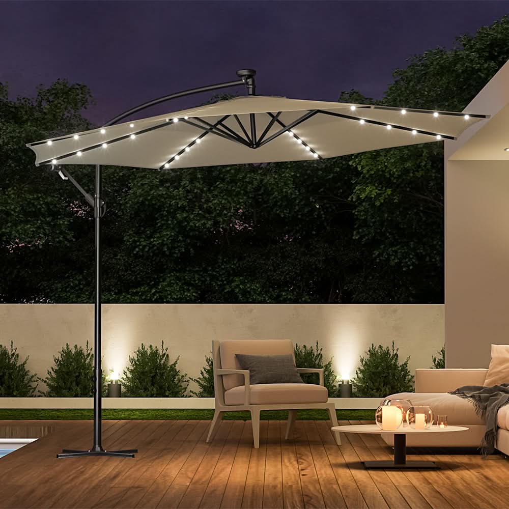 3M Cantilever Garden Parasols Beige/Light Grey/Dark Grey Iron Banana Umbrella with LED Lights