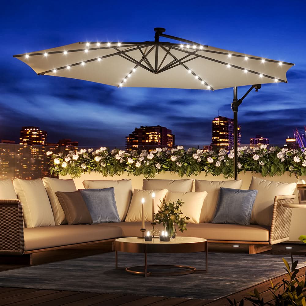 3M Cantilever Garden Parasols Beige/Light Grey/Dark Grey Iron Banana Umbrella with LED Lights
