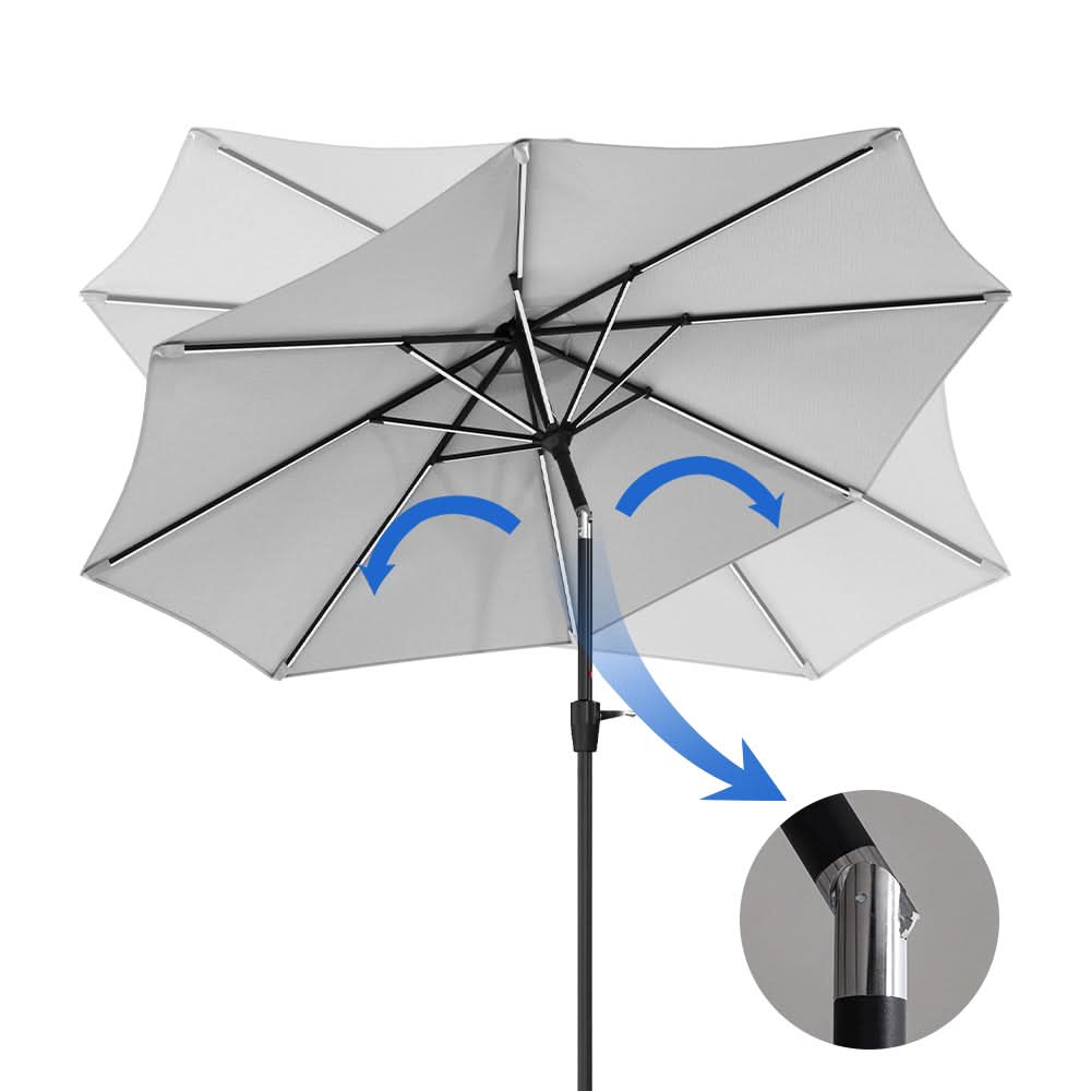 3M Sunbrella Umbrella Light Grey Lighted Market with Solar Strip LED Lights