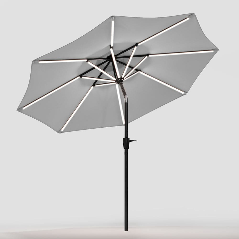 3M Sunbrella Umbrella Light Grey Lighted Market with Solar Strip LED Lights