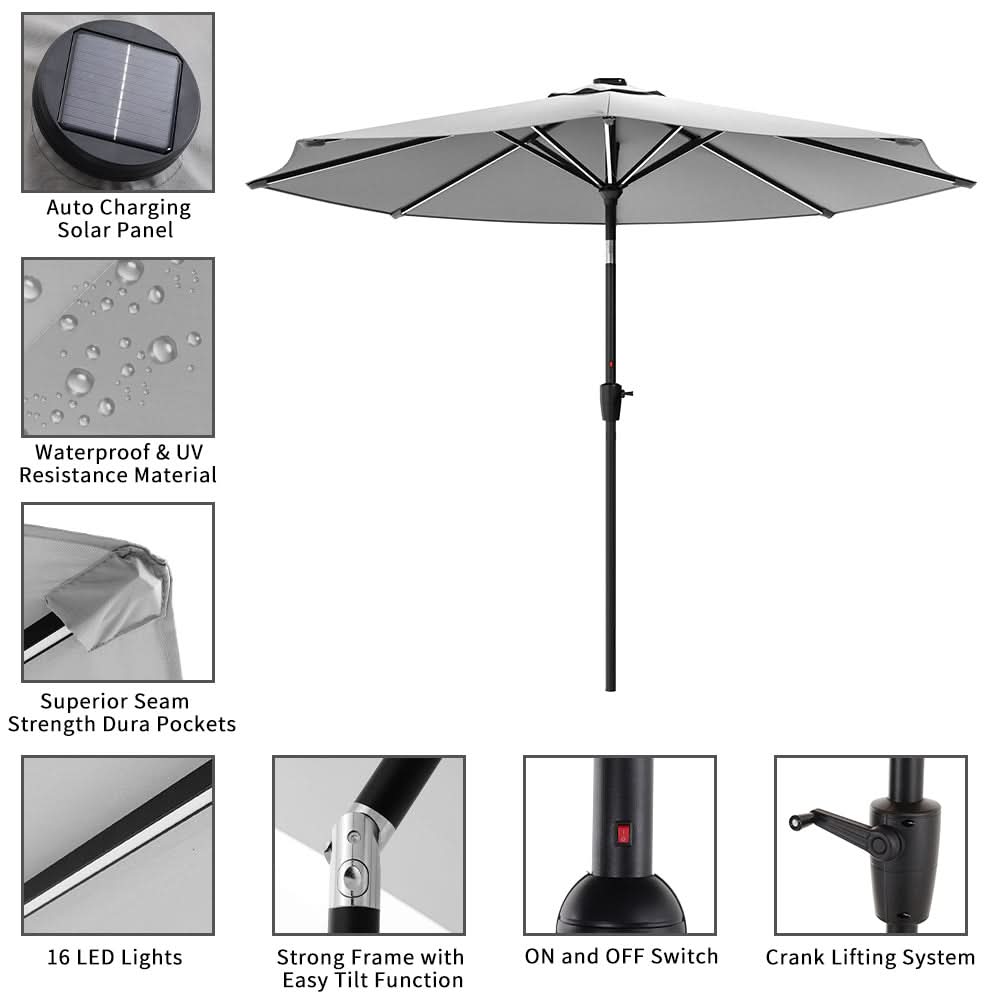 3M Sunbrella Umbrella Light Grey Lighted Market with Solar Strip LED Lights
