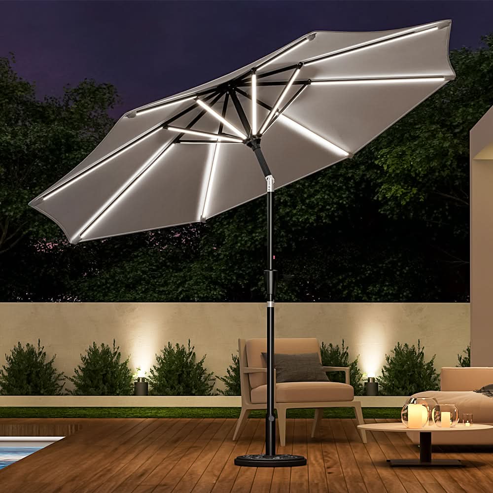 3M Sunbrella Umbrella Light Grey Lighted Market with Solar Strip LED Lights