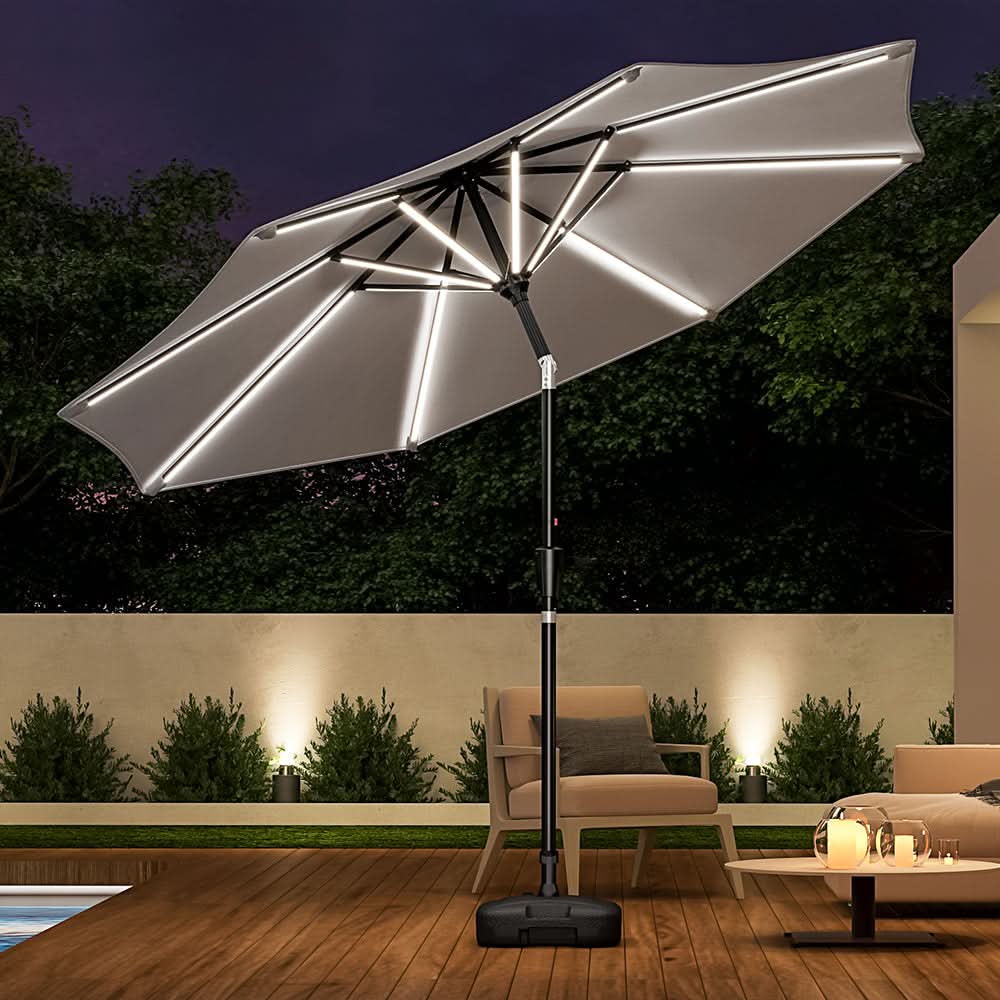 3M Sunbrella Umbrella Light Grey Lighted Market with Solar Strip LED Lights