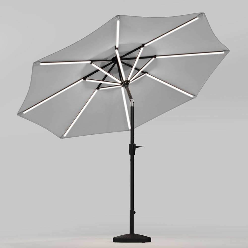3M Sunbrella Umbrella Light Grey Lighted Market with Solar Strip LED Lights