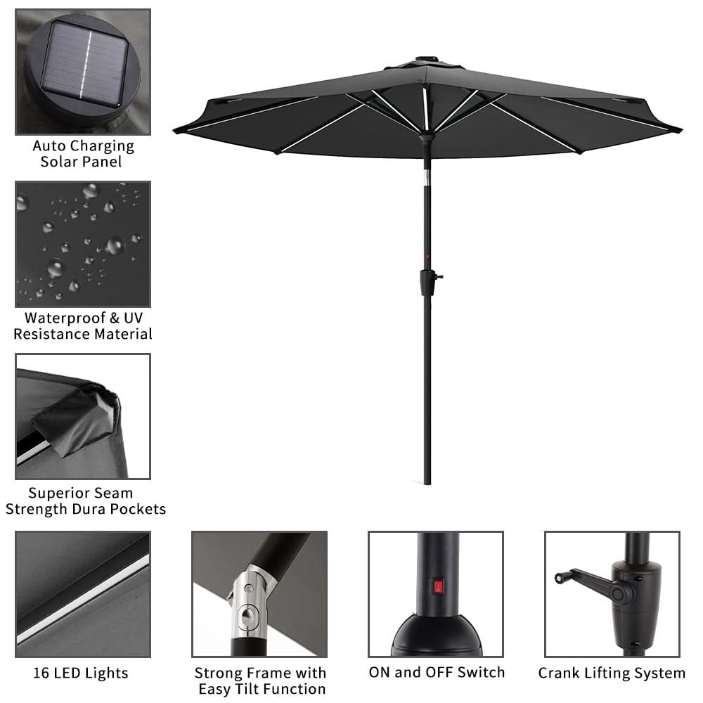 3M Sunbrella Umbrella Dark Grey Lighted Market with Solar Strip LED Lights