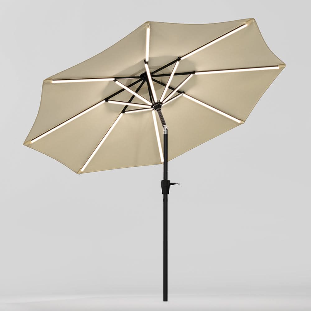 3M Sunbrella Umbrella Beige Lighted Market with Solar Strip LED Lights